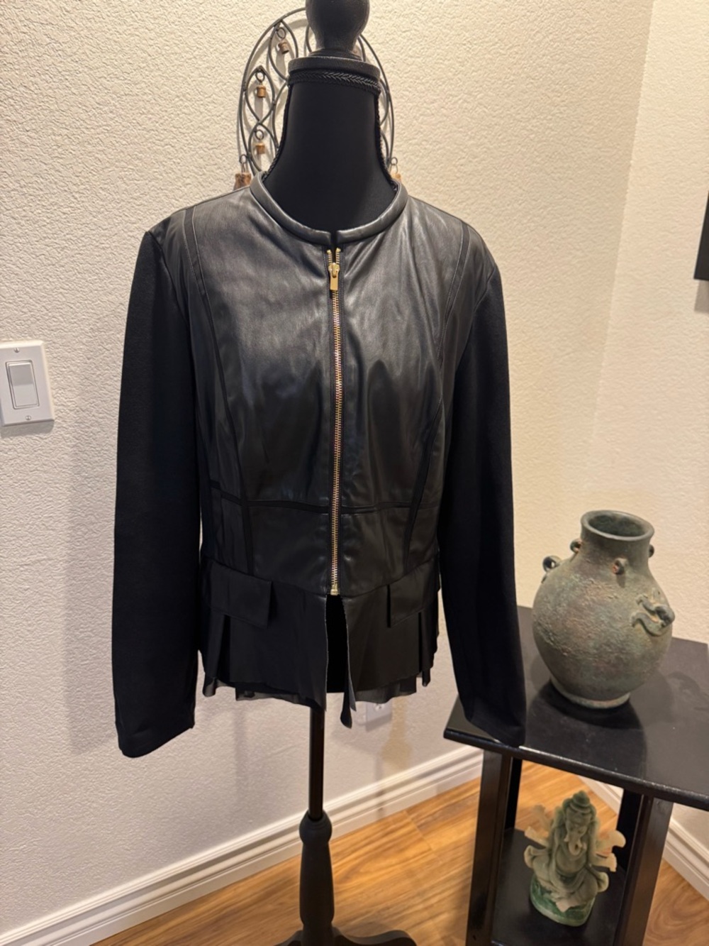 Chico's Black Faux Leather-Front Jacket with Knit Sleeves and Gold Zipper